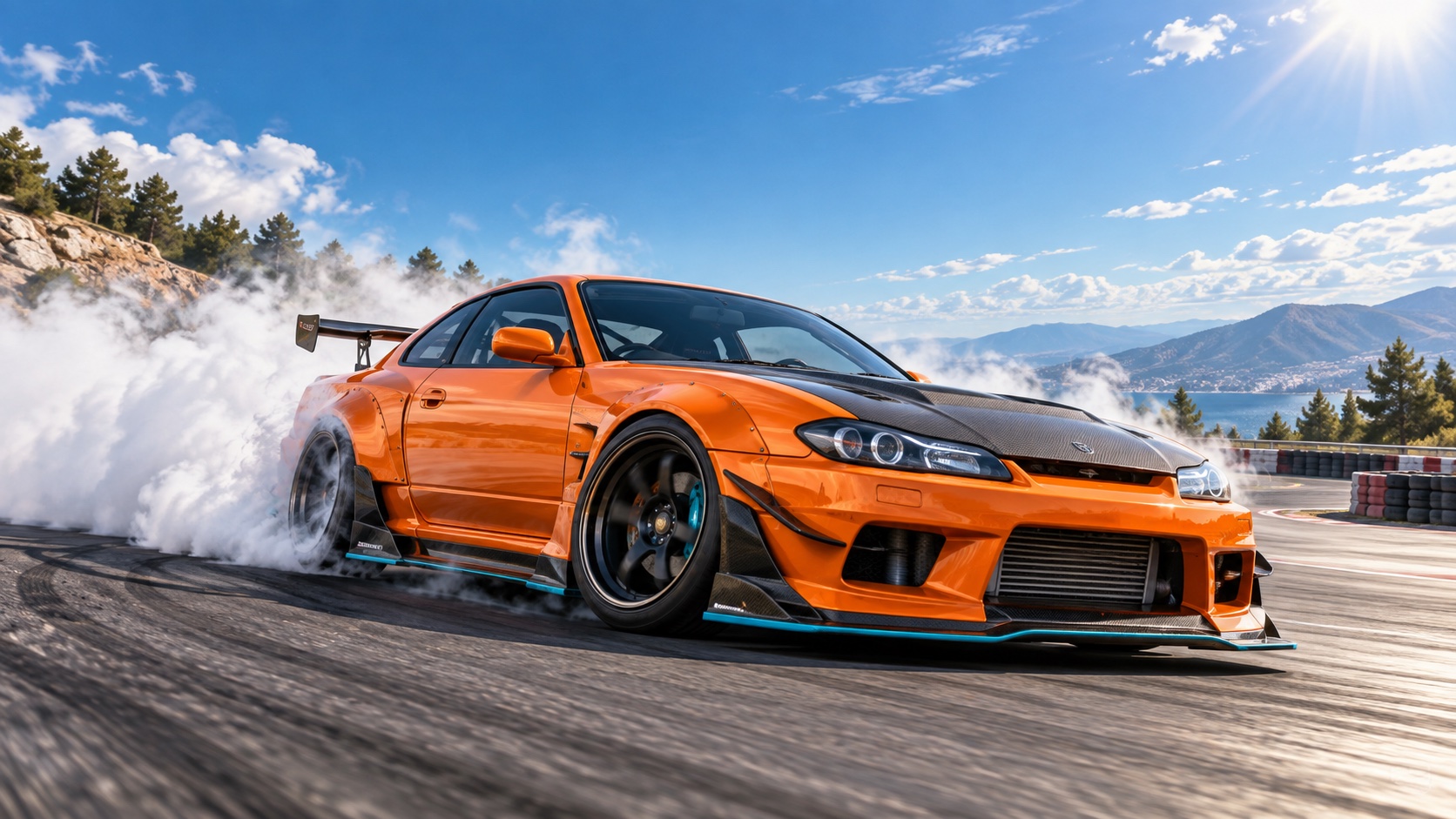 Orange Japanese drift car on a sunlit closed circuit