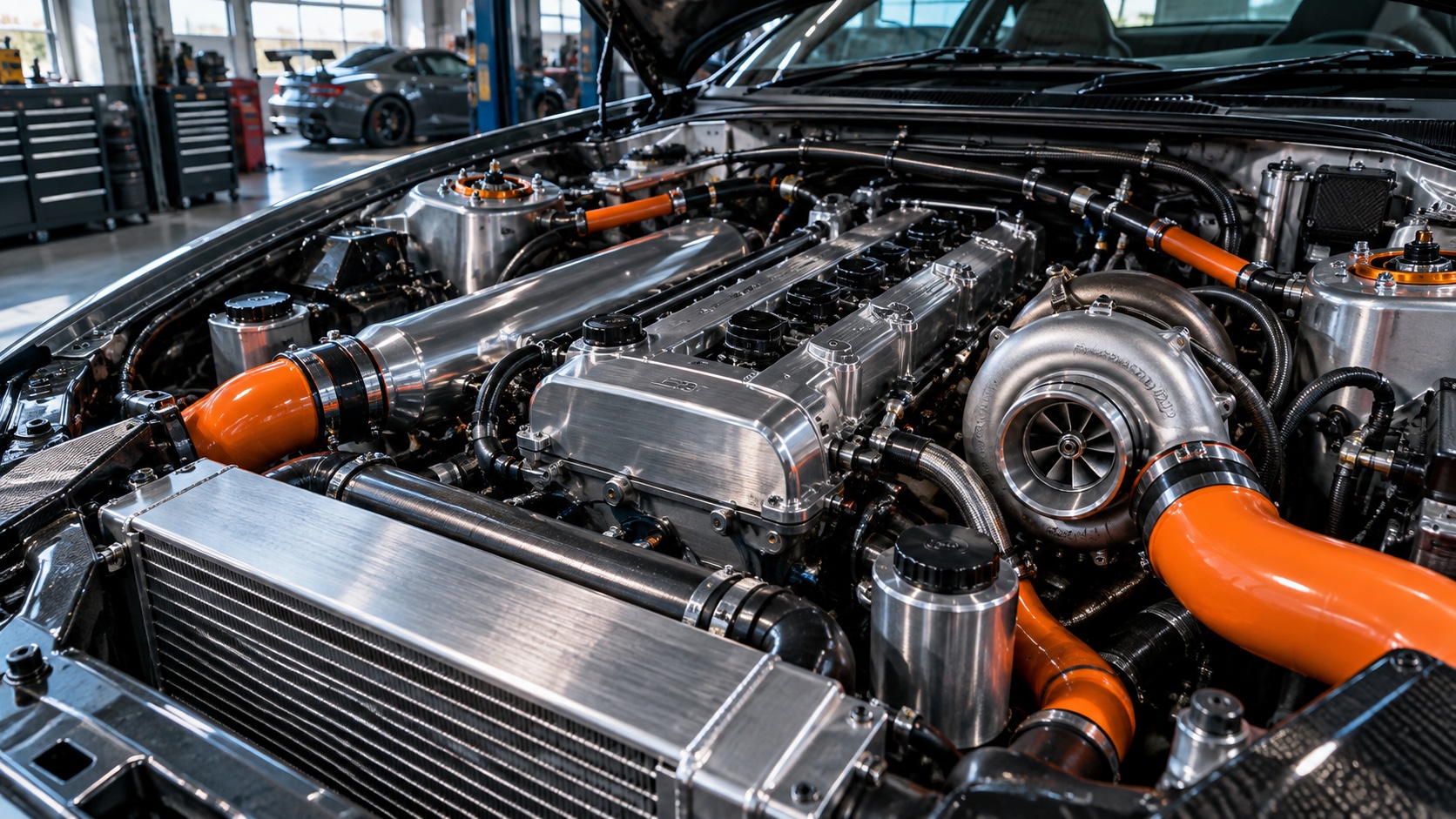 Illustrative tuned engine bay with orange piping